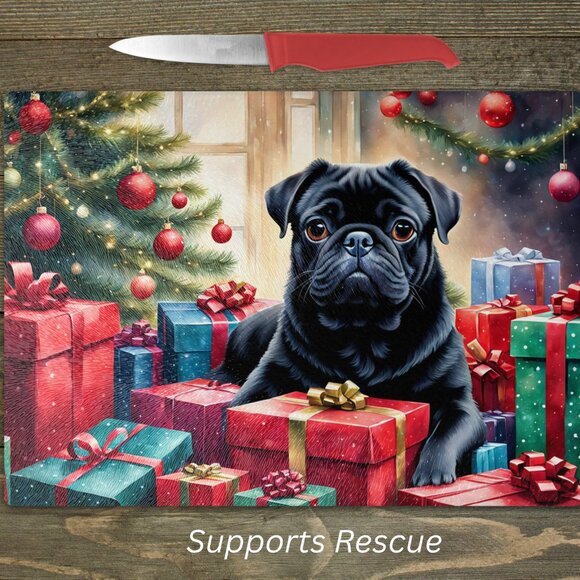 Christmas Black Pug Kitchen Tempered Glass Cutting Board or Trivet - Picture 1 of 1